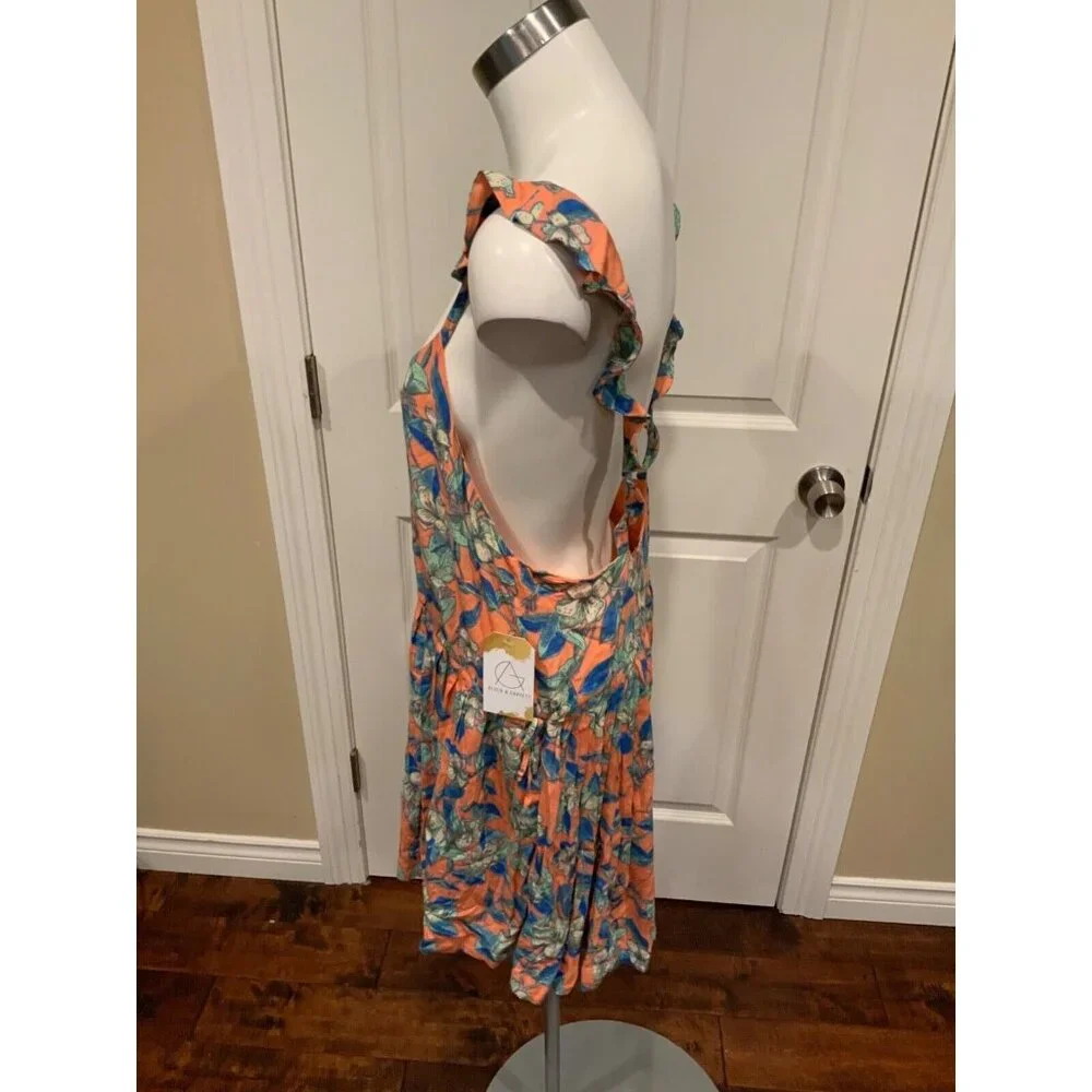 Free People Orange W/ Blue/Green Floral Pattern "Dear You" Dress,  Size Small - Picture 3 of 5